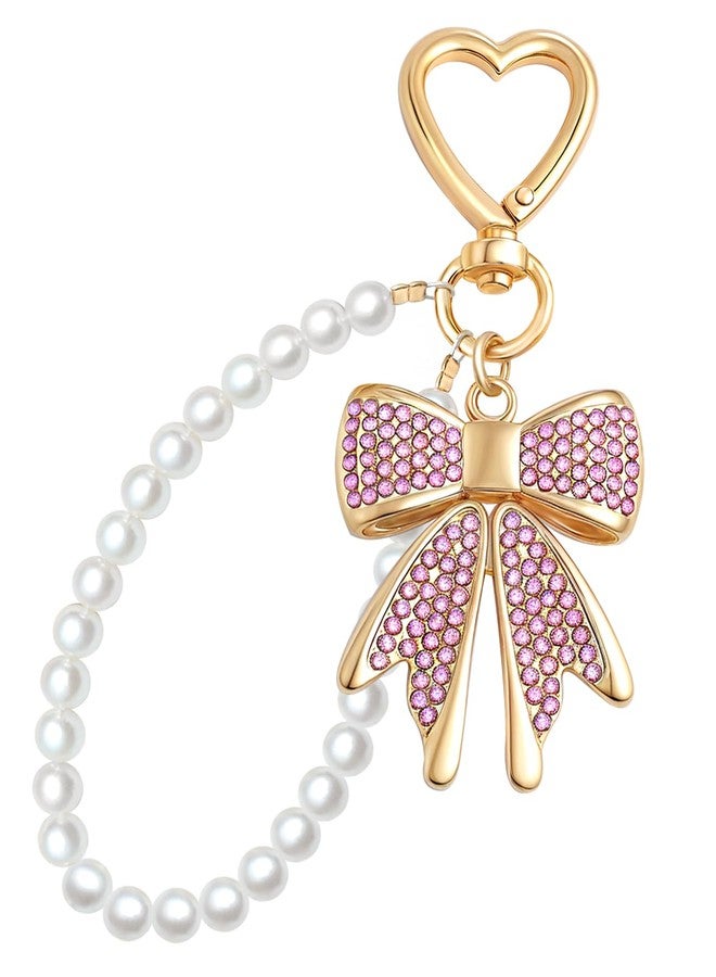 nylry Bow Keychain Bow Bag Charm Purse Charms for Handbags Rhinestone Bowknot Keychains With Pearl Chains Cute Keychains for Women Crystal Bag Charms for Backpacks Keychain Accessories Gifts-pink - Image 1